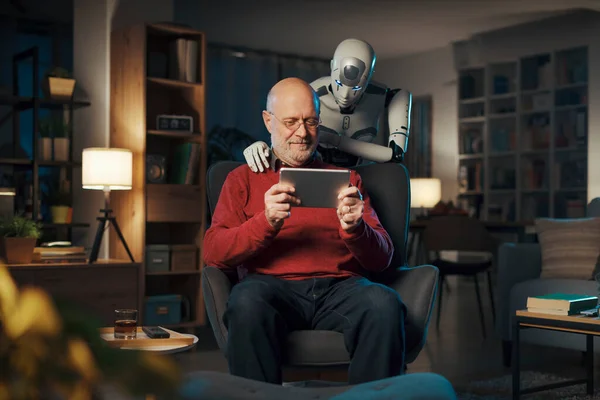 Happy Senior Man Watching Videos His Tablet Interactive Humanoid Robot — Stock Photo, Image