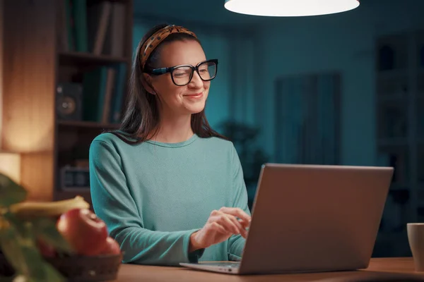 Happy Excited Woman Sitting Her Desk Home Connecting Laptop She — Stock Photo, Image