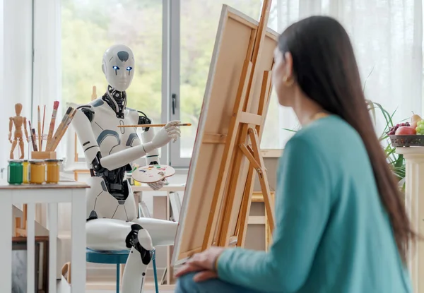 Creative Robot Pittura Ritratto Tela Studio Arte Modello Posa Primo — Foto Stock