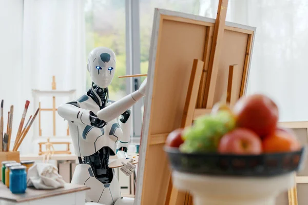 Humanoid Robot Painting Still Life Composition Canvas Art Studio — Stock Photo, Image