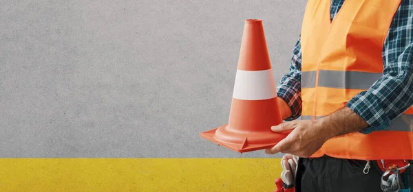 Professional Road Worker Wearing Personal Protective Equipment Holding Traffic Cone — Stock Photo, Image