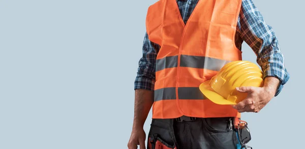 Professional Worker Wearing Personal Protective Equipment Holding Hard Hat Safety — Stock Photo, Image