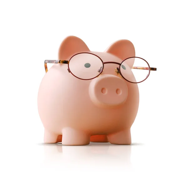 Cute Smart Piggy Bank Noszenia Okularów Koncepcja Pielęgnacji Oczu Izolowane — Zdjęcie stockowe
