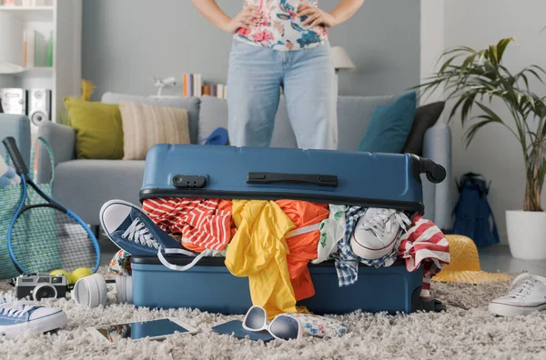 Disappointed Woman Packing Journey She Standing Front Her Suitcase Overfilled — Stock Photo, Image
