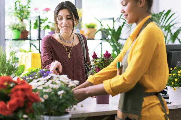 Jonge Vrouw Koopt Een Bloeiende Plant Bloemenwinkel Plukt Een Plant — Stockfoto