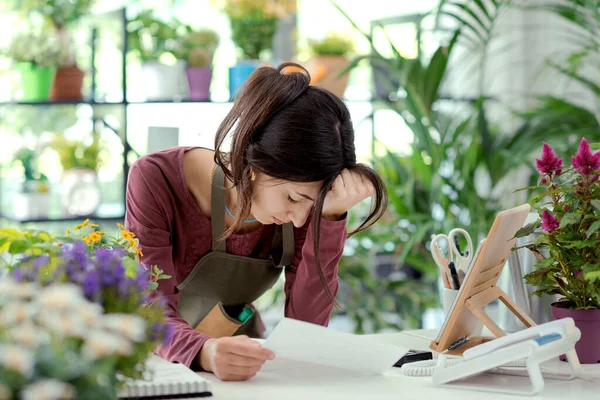 Worried Sad Business Owner Checking Her Bills Invoices Payments Tax — Stock Photo, Image