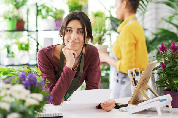 Shop Owner Working Her Plant Shop She Checking Invoice Smiling — Stock Photo, Image