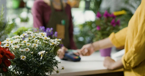 Customer Buying Plant Florist Shop She Paying Using Credit Card — Stock Photo, Image