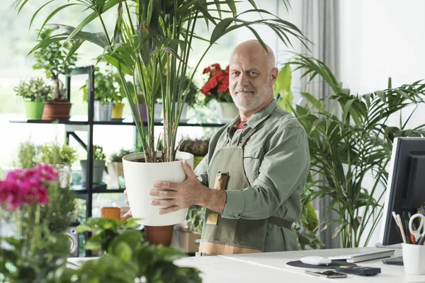 Florista Profissional Jardineiro Posando Sua Loja Plantas Ele Está Olhando — Fotografia de Stock