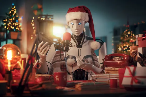 Female Robot Wearing Santa Hat Talking Microphone Home Christmas Holidays — Stock Photo, Image