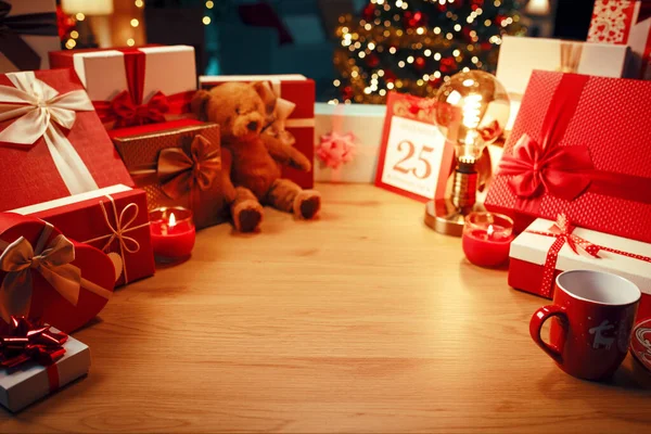 Christmas Decorations Gifts Wooden Table Holidays Celebration Concept Copy Space — Stock Photo, Image