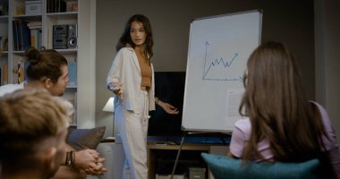 Gençler yeni başlayan iş projelerinde tanışıyor ve çalışıyor, bir kadın sunum yapıyor ve beyaz tahtada bir grafik gösteriyor