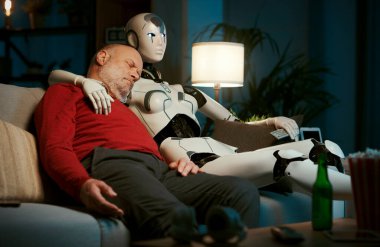 Son sınıf öğrencisi, robot-insan ilişkisi kavramının yanında kanepede uyuyakalıyor.