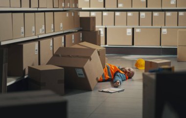 Bilinçsiz yaralı işçi depoda yerde yatıyor, iş yerinde güvenlik kavramı