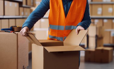 Depo çalışanı bir kutu, lojistik ve dağıtım konsepti açıyor