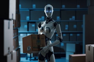 Dağıtım deposunda çalışan yapay zeka robotu: lojistik ve otomasyon konsepti
