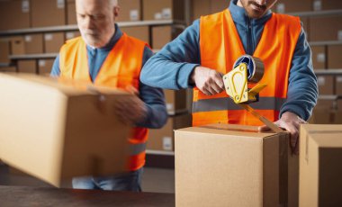 Depo çalışanları sevkiyat için teslimat kutuları hazırlarken, bir çalışan kasetçalar tabancasıyla kutuyu mühürlüyor.