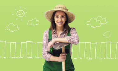 Çapayla poz veren ve kameraya gülümseyen kadın bahçıvan, arka planda el çizimi çizimi, boşluğu kopyalama