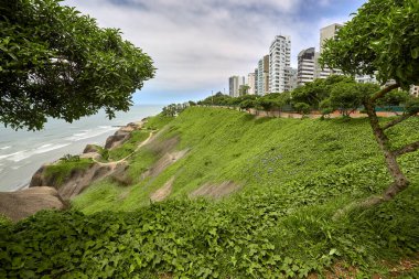 Malecn Miraflores 'in çarpıcı görüntüsü La Costa Verde' nin özünü yakalıyor. Doğanın canlı şehir enerjisiyle buluştuğu yer Miraflores Lima Peru.