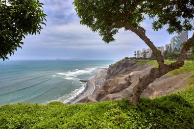 Malecn Miraflores 'in çarpıcı görüntüsü La Costa Verde' nin özünü yakalıyor. Doğanın canlı şehir enerjisiyle buluştuğu yer Miraflores Lima Peru.