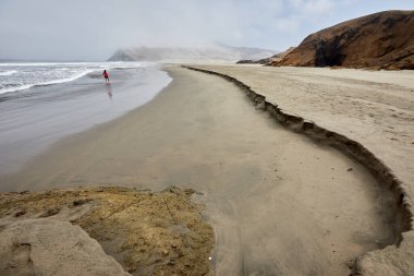Çöl güneşinin altında sonsuz altın kum dalgaları. Rüzgar ve zamanın oyduğu doğanın başyapıtı. Patitos Plajı Huarmey Peru