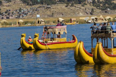 The Uros Islands are a group of artificial floating islands located on Lake Titicaca, which is situated on the border of Peru and Bolivia. The islands are home to the Uros people. clipart