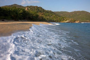 Tayrona Ulusal Parkı 'nın el değmemiş plajları sizi, bereketli tropikal ormanların çerçevelediği turkuaz suların altın kumlarla buluştuğu bir dünyaya davet ediyor. Gerçek bir Kolombiya mücevheri. .