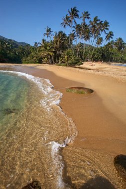Tayrona Ulusal Parkı 'nın el değmemiş plajları sizi, bereketli tropikal ormanların çerçevelediği turkuaz suların altın kumlarla buluştuğu bir dünyaya davet ediyor. Gerçek bir Kolombiya mücevheri. .