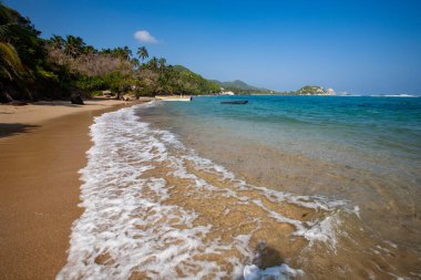 Tayrona Ulusal Parkı 'nın el değmemiş plajları sizi, bereketli tropikal ormanların çerçevelediği turkuaz suların altın kumlarla buluştuğu bir dünyaya davet ediyor. Gerçek bir Kolombiya mücevheri. .
