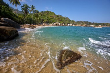 Tayrona Ulusal Parkı 'nın el değmemiş plajları sizi, bereketli tropikal ormanların çerçevelediği turkuaz suların altın kumlarla buluştuğu bir dünyaya davet ediyor. Gerçek bir Kolombiya mücevheri. .