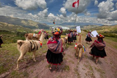 Piuray Gölü 'ne bakan Lama Gölü Cusco, Peru' lu Geleneksel Andean Kadınları
