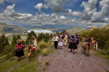 Piuray Gölü 'ne bakan Lama Gölü Cusco, Peru' lu Geleneksel Andean Kadınları