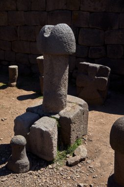 Puno- İnka Uyo-Peru 'daki Doğurganlık Tapınağı. Antik taş falluslarının yaşamın, bereketin ve atalarımızın inançlarının sembolü olarak durduğu yer. Chucuito 