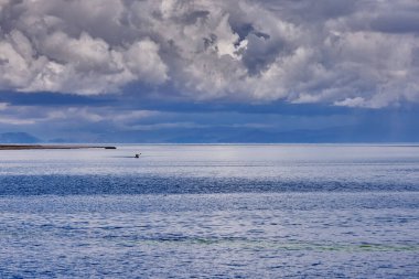 Bir grup deniz kayakçısı And Dağları 'nın engin, yüksek irtifa güzelliği ile çevrili Titicaca Gölü' nün derin mavi sularında huzur içinde süzülüyor. Puno Peru.