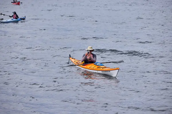 Bir grup deniz kayakçısı And Dağları 'nın engin, yüksek irtifa güzelliği ile çevrili Titicaca Gölü' nün derin mavi sularında huzur içinde süzülüyor. Puno Peru.