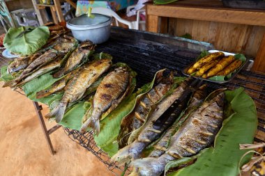 Amazon 'dan taze geldi ve Belen Market, Iquitos' ta orman aromalı ızgara altın, dumanlı kızarmış balığa servis edildi.
