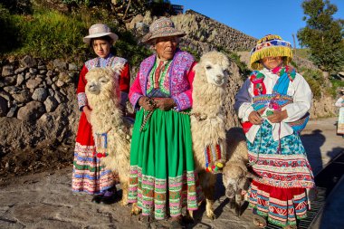 Andes 'in canlı geleneksel kıyafetlerini giyen gururlu Colca kadınları kültürün, tarihin ve kimliğin yaşayan bir ifadesi.