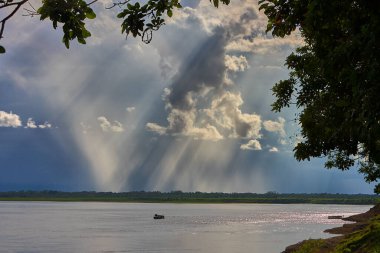 Gökyüzü güçlü Amazon fırtına bulutlarının üzerinde kükrer, rüzgarlar yükselir ve doğa bize ormanı kimin yönettiğini hatırlatır. Iquitos sularının üzerinde dramatik bir an.