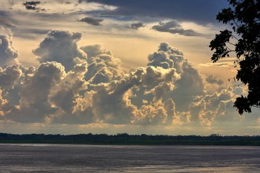 Gökyüzü güçlü Amazon fırtına bulutlarının üzerinde kükrer, rüzgarlar yükselir ve doğa bize ormanı kimin yönettiğini hatırlatır. Iquitos sularının üzerinde dramatik bir an.