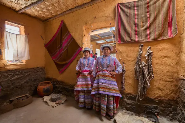Peru 'nun güneyindeki Colca Vadisi' nden kadınlar And Dağları 'nın zengin kültürel mirasının bir kanıtı olarak geleneksel işlemeli giysilerini gururla giyerler.