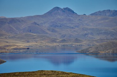 Derin mavi sular, Puno yakınlarındaki Lagunillas Gölü 'nde altın tepeleri kucaklıyor. Huzurlu bir And tapınağı, güzellik ve sükunet.