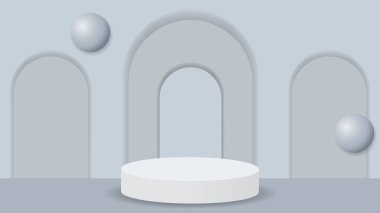 Beyaz podyum arka planı ve gerçekçi bir kapı ve top. 3B podyumun vektör illüstrasyonu