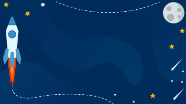 Şirin mavi renk arkaplanı. Çizgi film çocuk temalı ay, roket ve küçük yıldızlar. Duvar kağıdı, eğitim, sunum vs. için uygundur.