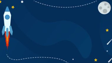 Sevimli mavi renk arkaplanı animasyonu. Çizgi film çocuk temalı ay, roket ve küçük yıldızlar. 4K görüntülerini tekrar oynat. Duvar kağıdı, eğitim, sunum vs. için uygundur.