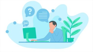 Bilgisayar ekranının önündeki müşteri hizmetlerinin animasyonu. 4K görüntülerini tekrar oynat. Düz dizayn tarzında video