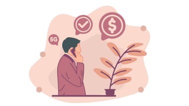 İş adamı akıllı telefondan bir arama yapıyor. İş ve iş konuşuyoruz. Düz tasarım tarzında vektör illüstrasyonu