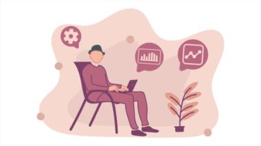 İnsanoğlunun animasyonu bir sandalyede oturup dizüstü bilgisayarda oynamaktır, ödev ve iş yapmaktır. 4K görüntülerini tekrar oynat. Düz dizayn tarzına sahip video