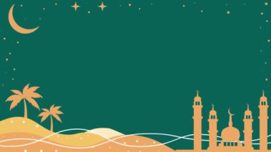 Ramazan kareem temalı yatay arkaplan döngüsü animasyonu. Camii, ayı ve ağacı olan yeşil bir ramazan. Metin için yer