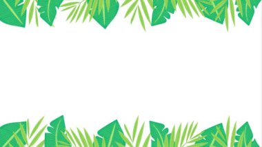 Üst ve alt taraflarında muz yaprakları ve palmiye yaprakları olan tropik bitki arka plan animasyonu. Beyaz arka planda izole edilmiş. Metin için yer