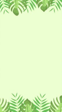 Canavarlar, palmiye yaprakları, egzotik ve taze tropikal orman bitkileriyle dikey arka plan animasyonu. Mesaj için yer. Düz dizayn tarzında döngü animasyonu